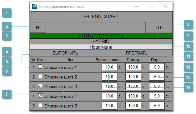 Окно управления шагами