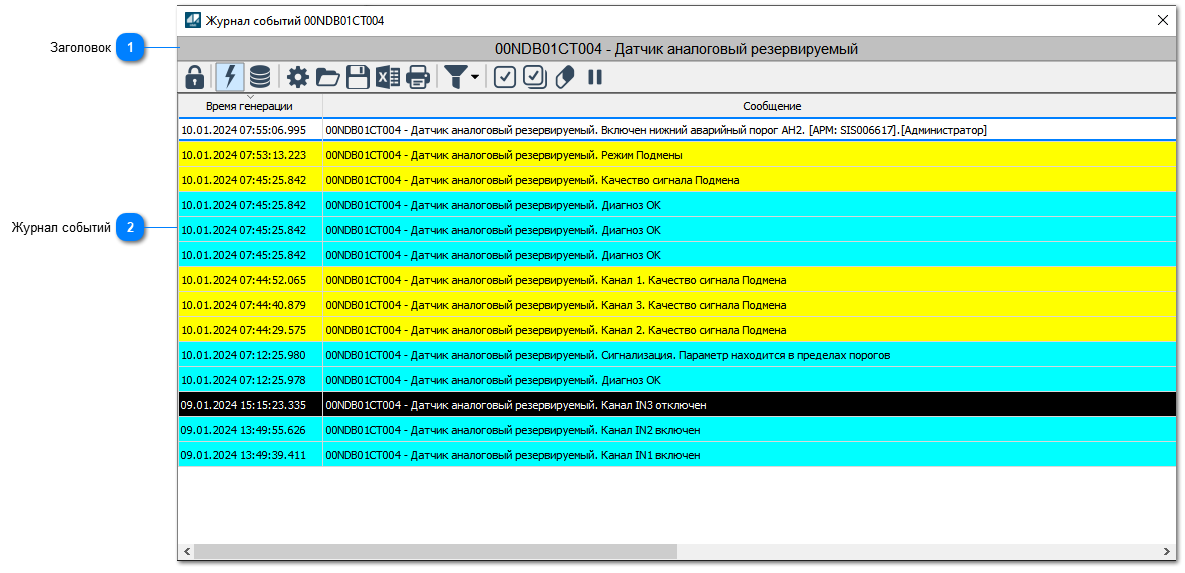 Окно Журнал событий