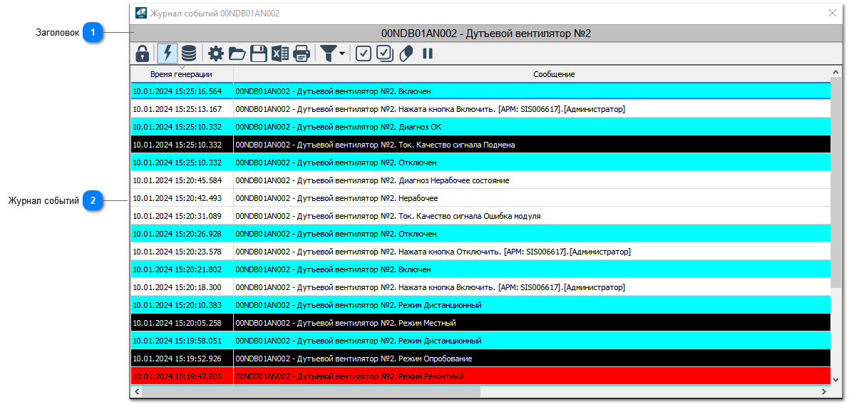 Окно Журнал событий
