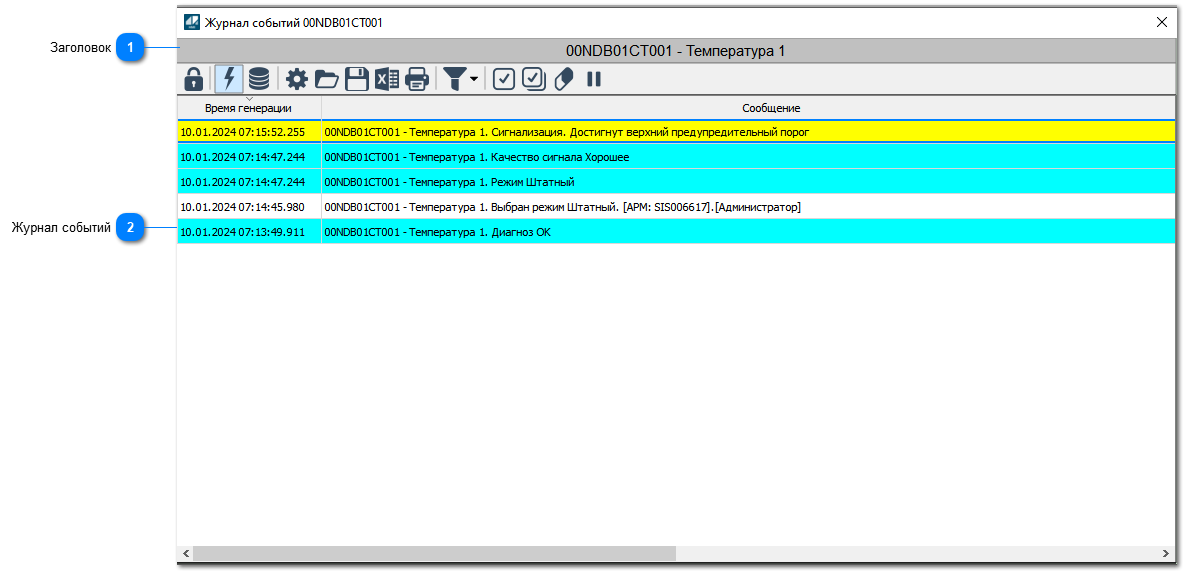 Окно Журнал событий